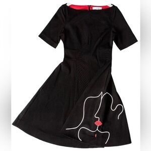 Lulu Guinness Face Dress Black Fit & Flare Red Lips Embroidery UK 10 /USA size 6